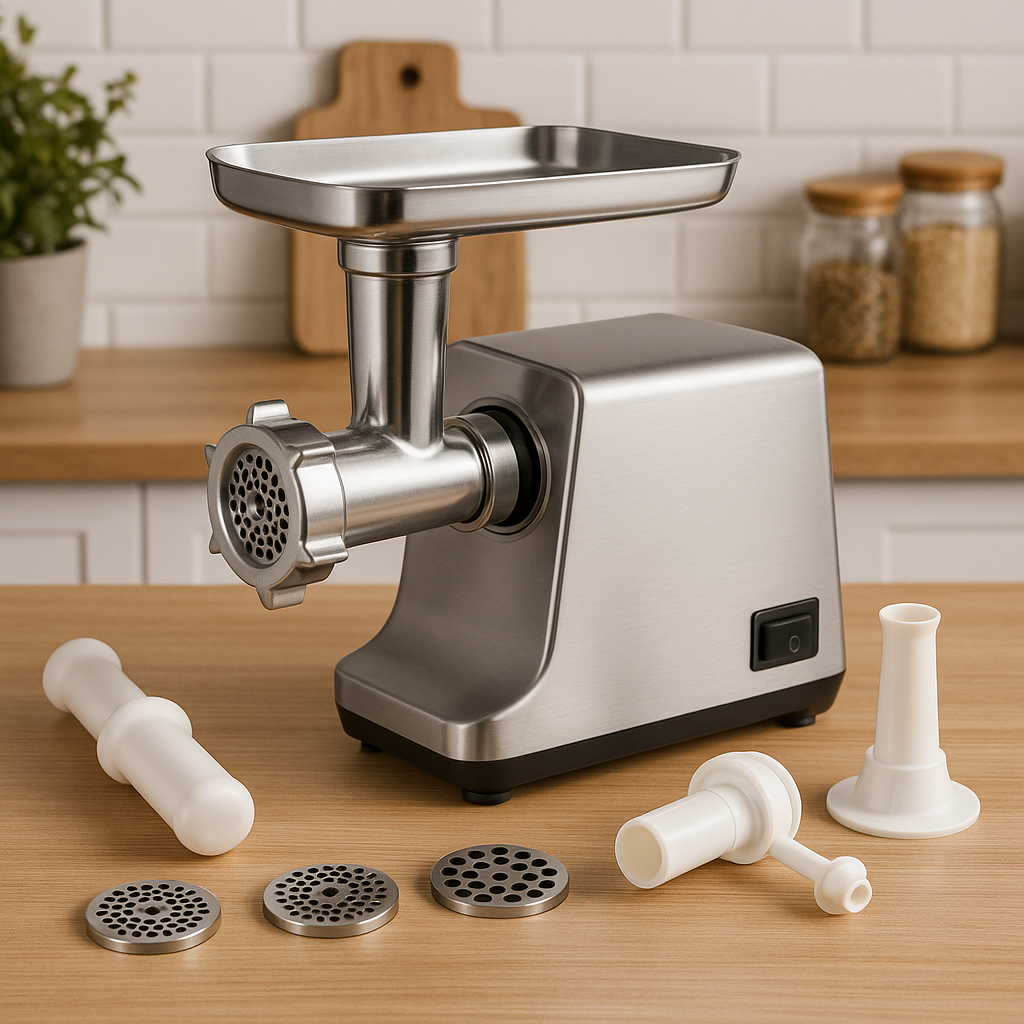 Meat grinder with multiple plates and attachments